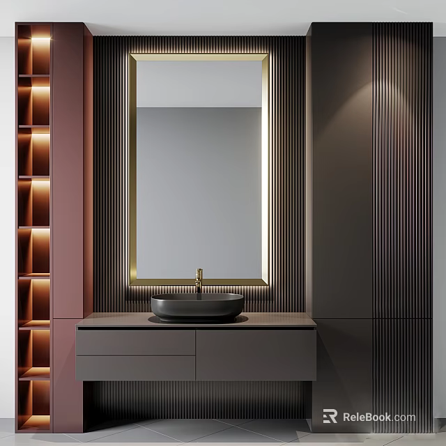 Modern Bathroom Washbasin Vanity With Backlit Mirror Sleek Countertop And Storage Cabinet 3d model 