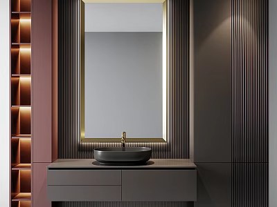 Modern Bathroom Washbasin Vanity With Backlit Mirror Sleek Countertop And Storage Cabinet 3d model