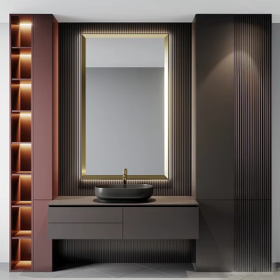 Modern Bathroom Washbasin Vanity With Backlit Mirror Sleek Countertop And Storage Cabinet 3d model