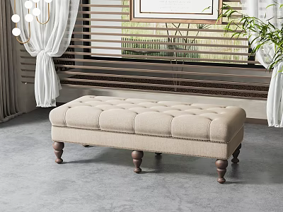 Tufted Beige Ottoman Bench with Wooden Legs for Living Room Decor 3d model