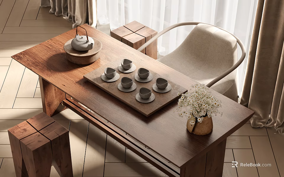 Wooden Tea Table and Chairs with Tea Tray Tea Cups and Vase with Flowers 3d model 