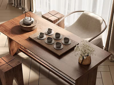 Wooden Tea Table and Chairs with Tea Tray Tea Cups and Vase with Flowers 3d model