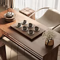 Wooden Tea Table and Chairs with Tea Tray Tea Cups and Vase with Flowers
