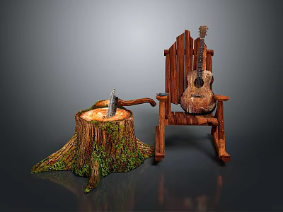 Rustic Wooden Furniture With Tree Stump Axe Rocking Chair And Guitar 3d model