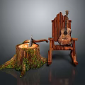 Rustic Wooden Furniture With Tree Stump Axe Rocking Chair And Guitar