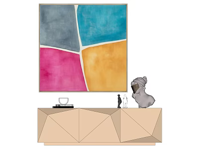 Geometric Cabinet With Colorful Abstract Painting Gray Blue Pink Yellow Sections And Dog Sculpture 3d model