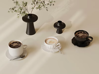 Coffee Cups With Latte Art And Decorative Vases On Beige Table Surface 3d model