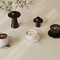 Coffee Cups With Latte Art And Decorative Vases On Beige Table Surface