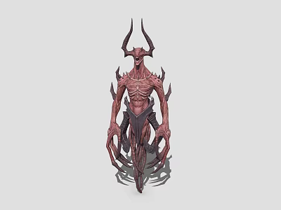 Fierce Mythical Game Movie Character With Horned Head Multiple Limbs And Red Skin 3d model