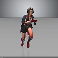 Dynamic Female Character In Action Wearing Headphones Goggles Dark Outfit Backpack Red Gloves Purple Boots
