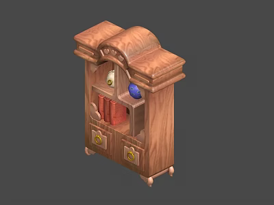 Vintage Wooden Bookcase with Carved Top Decorative Vases Books and Golden Handles 3d model