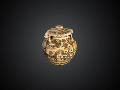 Traditional Ceramic Jar With Lid Double Handles And Intricate Decorative Patterns 3d model
