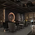 Modern Restaurant Interior With Dark Grid Ceiling Circular Lights Light Strips Black Tables And Chairs