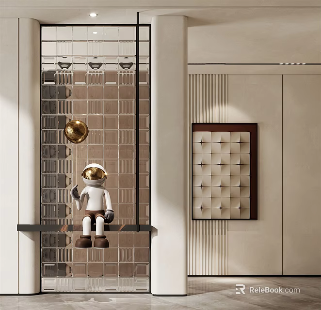 Modern Glass Partition Interior With Tile Wall Decorative Statue And Artwork Design 3d model 