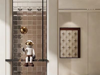 Modern Glass Partition Interior With Tile Wall Decorative Statue And Artwork Design 3d model