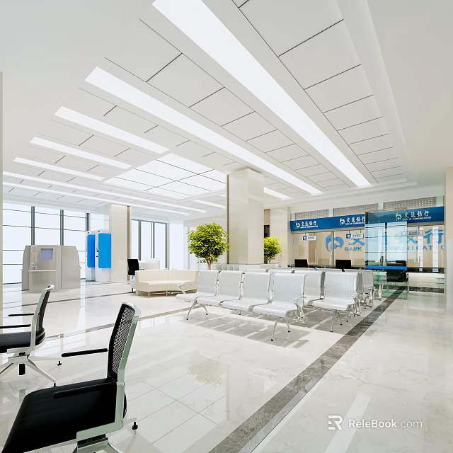 Modern Bank Lobby Interior With Waiting Seats Service Counters Green Plants And Bright Lighting 3d model 
