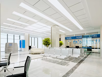 Modern Bank Lobby Interior With Waiting Seats Service Counters Green Plants And Bright Lighting 3d model