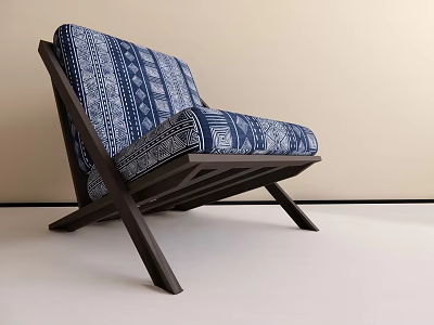 Modern Leisure Chair With Blue White Geometric Pattern And Dark Wooden Cross Leg Design 3d model