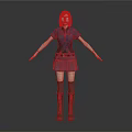 Woman in Dark Top Red Skirt and Brown Boots with Arm Wraps and Waist Belt