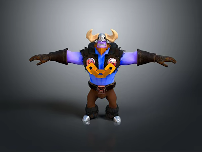 Horned Warrior 3D Character With Blue Body Yellow Orange Armor Brown Pants And Outstretched Arms 3d model