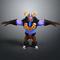 Horned Warrior 3D Character With Blue Body Yellow Orange Armor Brown Pants And Outstretched Arms
