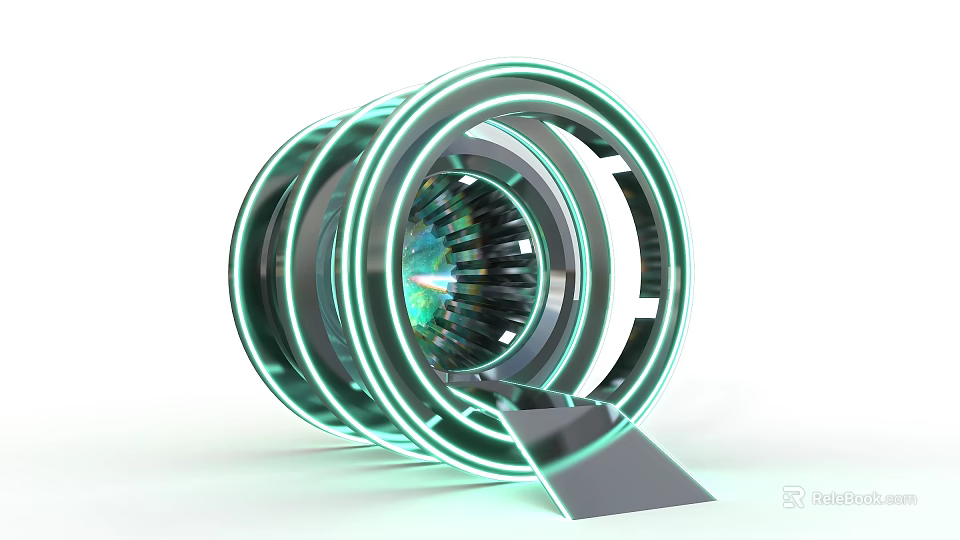 Futuristic Ring Structure With Green Glowing Rings And Central Mechanical Component 3d model 