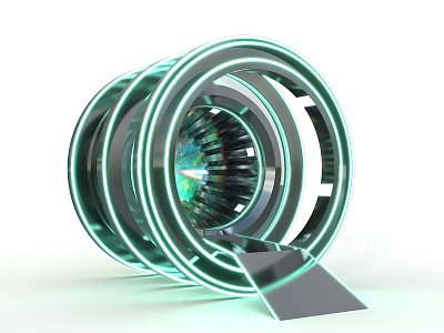 Futuristic Ring Structure With Green Glowing Rings And Central Mechanical Component 3d model