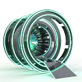 Futuristic Ring Structure With Green Glowing Rings And Central Mechanical Component