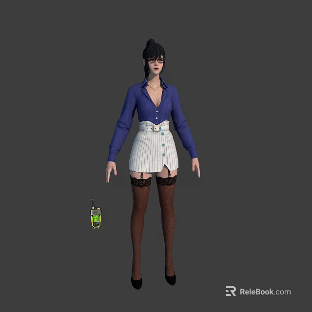 3D Rendered Female Character Wearing Blue Shirt White Striped Skirt With Small Creature 3d model 