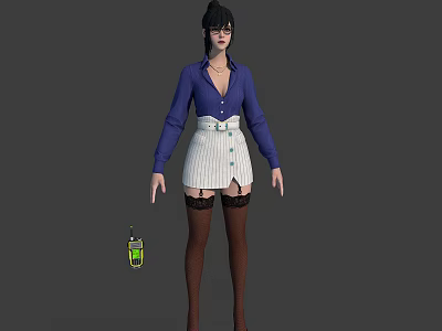 3D Rendered Female Character Wearing Blue Shirt White Striped Skirt With Small Creature 3d model