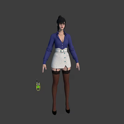 3D Rendered Female Character Wearing Blue Shirt White Striped Skirt With Small Creature 3d model