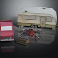 Outdoor Table Setup With Camper Trailer Red Truck Chairs Firewood And Red Bucket