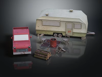 Outdoor Table Setup With Camper Trailer Red Truck Chairs Firewood And Red Bucket 3d model
