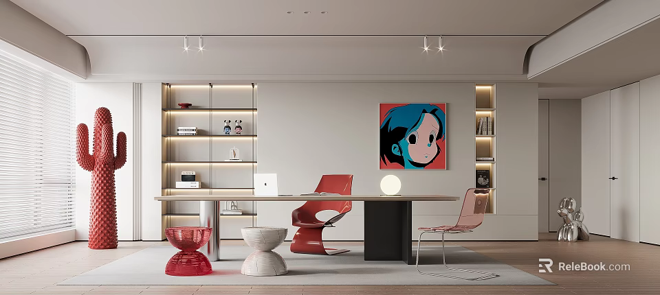 Modern Study Room Interior With Spacious Desk Red Chair Bookshelf And Artwork Decor 3d model 