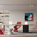 Modern Study Room Interior With Spacious Desk Red Chair Bookshelf And Artwork Decor