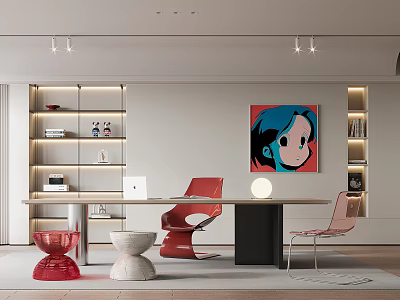 Modern Study Room Interior With Spacious Desk Red Chair Bookshelf And Artwork Decor 3d model