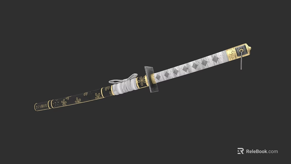 Ornate Traditional Japanese Samurai Weapon With Black Scabbard And Gold Accents 3d model 