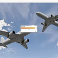 Two Passenger Planes Flying Together in Clear Blue Sky with White Clouds
