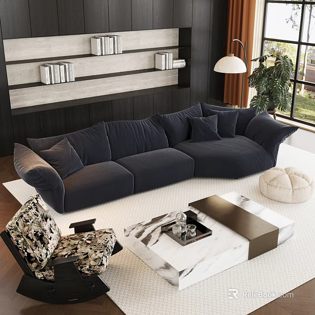 Modern Living Room Interior With Dark Blue L Shaped Sofa Patterned Chair And Marble Coffee Table 3d model 
