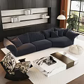 Modern Living Room Interior With Dark Blue L Shaped Sofa Patterned Chair And Marble Coffee Table