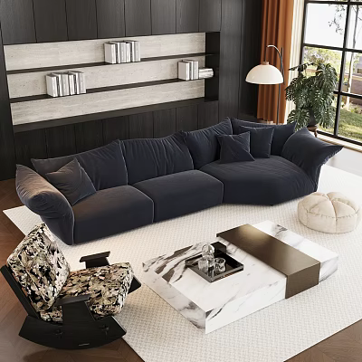 Modern Living Room Interior With Dark Blue L Shaped Sofa Patterned Chair And Marble Coffee Table 3d model