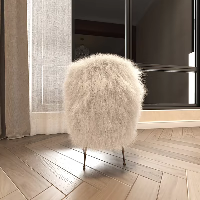 Cream Colored Fluffy Faux Fur Stool With Metal Legs In Indoor Wooden Floor Setting 3d model