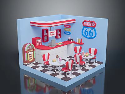 Retro Route 66 Diner Interior With Red Chairs Counter Jukebox And Checkered Floor 3d model