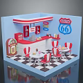 Retro Route 66 Diner Interior With Red Chairs Counter Jukebox And Checkered Floor