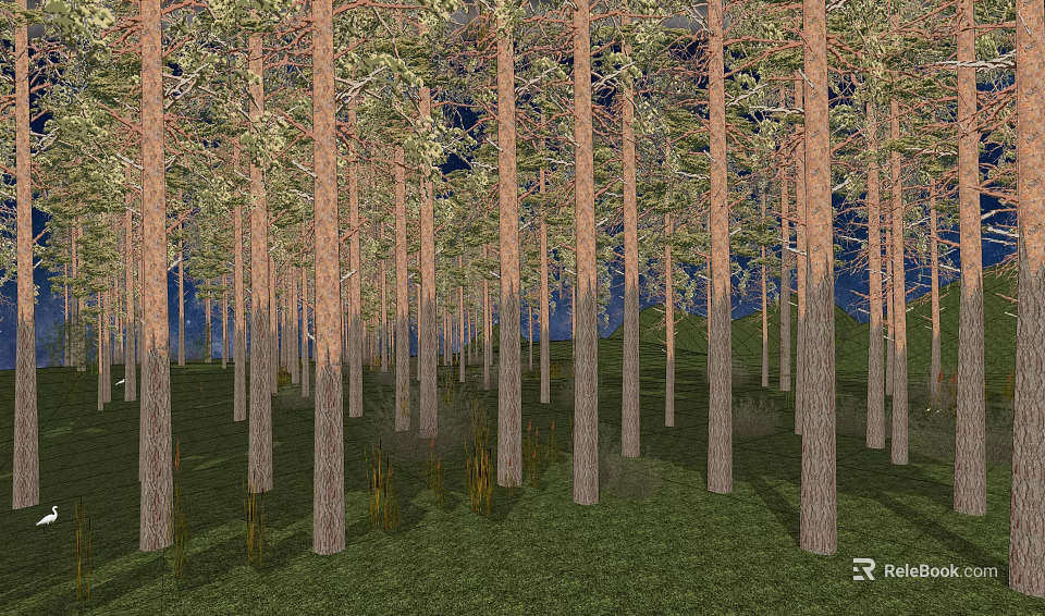 Park Landscape With Tall Trees Green Grass And Dark Blue Night Sky 3d model 