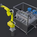 Industrial Equipment Featuring Yellow Robotic Arm Metal Frame Workstation Blue Drums And Automated Components