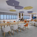 School Study Space With Long Wooden Tables Colorful Hexagonal Ceiling And Large Windows 3d model