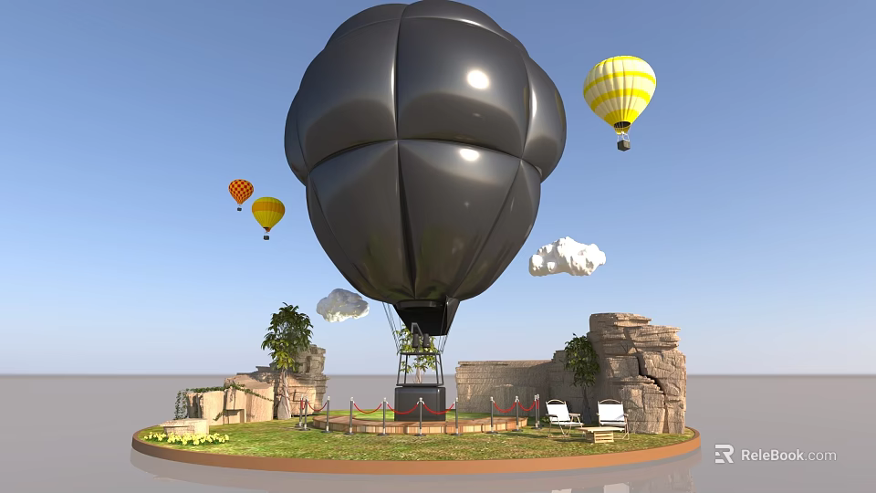 Giant Black Inflatable Structure With Colorful Hot Air Balloons In Outdoor Park Setting 3d model 
