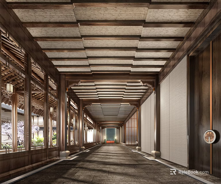 Traditional Chinese Style Hotel Corridor With Wooden Ceiling And Plant View Windows 3d model 