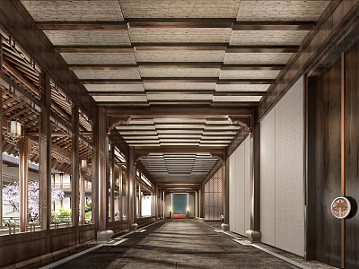 Traditional Chinese Style Hotel Corridor With Wooden Ceiling And Plant View Windows 3d model